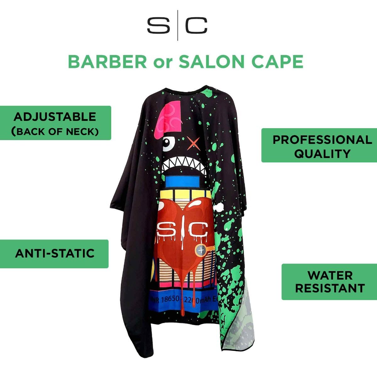Waterproof Barber/Stylist Cape with Adjustable Closure in Radioactive Black Design - Image 4